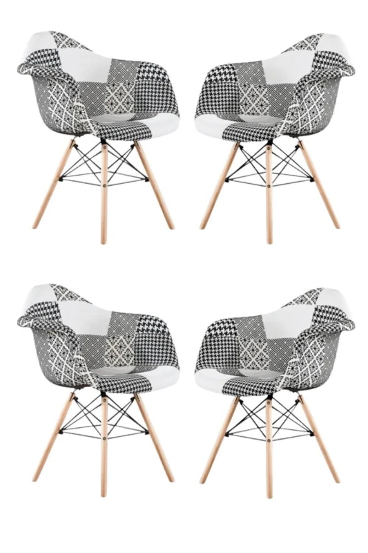 Image of Life Interiors Life Interiors Set of 4 Patchwork Accent Chairs with Wooden Legs and Black Metal Wire Frame Multi One Size Unisex 5060847952936