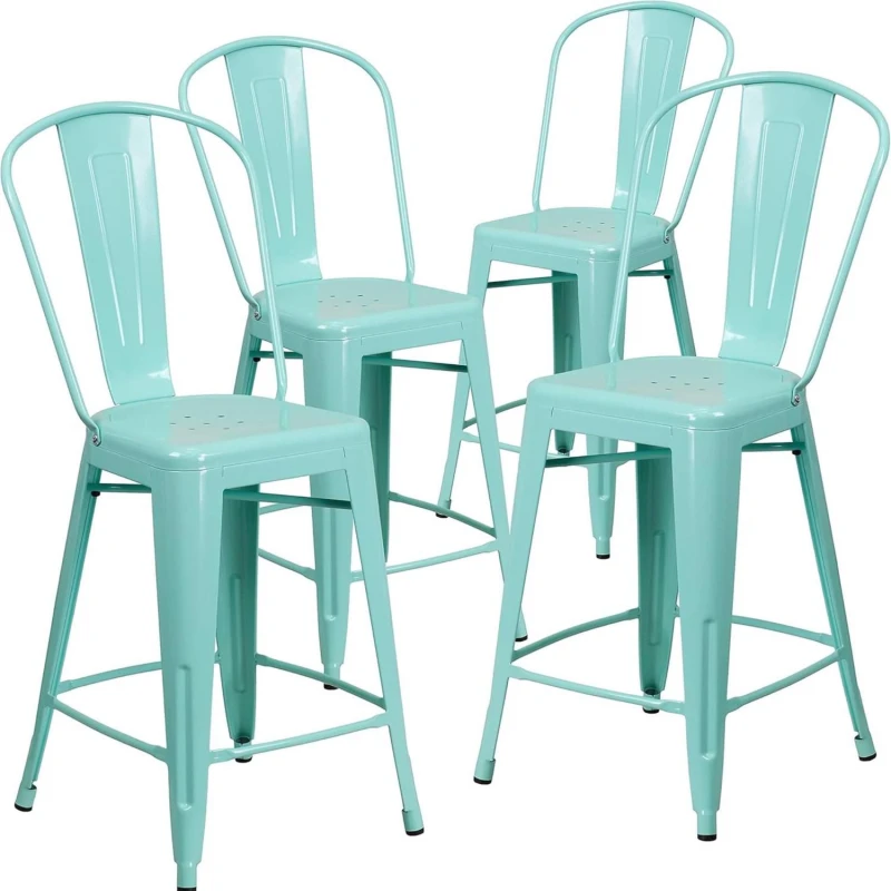 Image of FWStyle FWStyle Set Of 4 24" Mint Green Bar Stools Galvanised Steel Green One Size Unisex 5056413131232