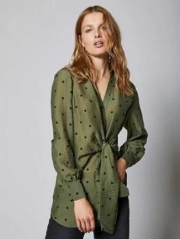 Image of Mint Velvet Spot Print Tie Front Blouse - Khaki