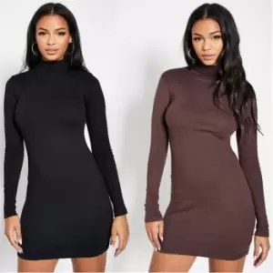 Image of I Saw It First 2 Pack Cotton Rib Roll Neck Mini Dress - Brown