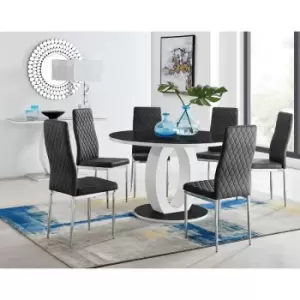Image of Furniturebox UK - Furniturebox Giovani Black 120cm Round Dining Table and 6 Black Velvet Milan Dining Chairs With Silver Legs