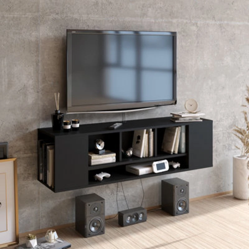 Image of Decorotika Paldi 135cm Floating TV Unit TV Stand TV Cabinet Storage With Open Shelves - Black PAL53FTS03