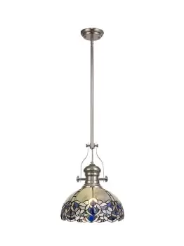 Image of 1 Light Telescopic Ceiling Pendant E27 With 30cm Tiffany Shade, Polished Nickel, Blue, Clear Crystal