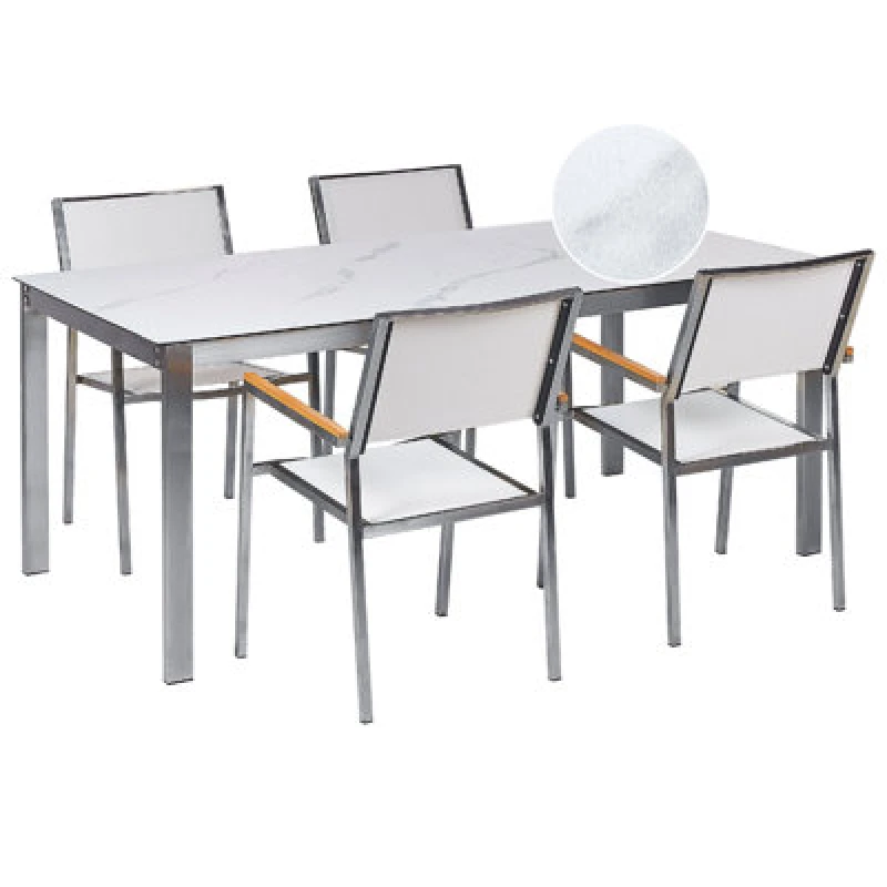 Image of Beliani Garden Dining Set 4 Seater Cosoleto/grosseto Tempered Glass Marble Effect White Marble