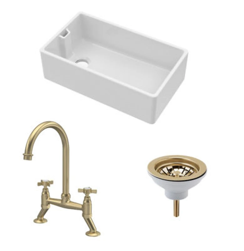 Image of BALTERLEY Balterley - Fireclay Kitchen Bundle - Single Bowl Belfast Sink, Strainer Waste & Bridge Crosshead Tap, 795mm - Brushed Brass BKS220WT14