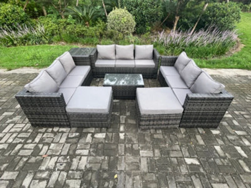 Image of Fimous Outdoor Lounge Sofa Set Wicker PE Rattan Garden Furniture Set with Oblong Coffee Table Side Table 2 Big Footstool Dark Grey Mixed Dark Grey