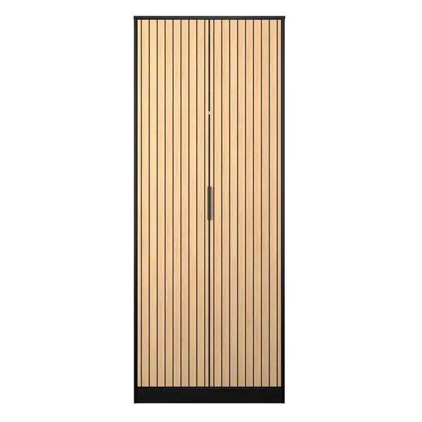 Image of Welcome Furniture Ready Assembled Fiji Tall Plain Wardrobe In Slatted Oak & Black Matt FIB080OSBM
