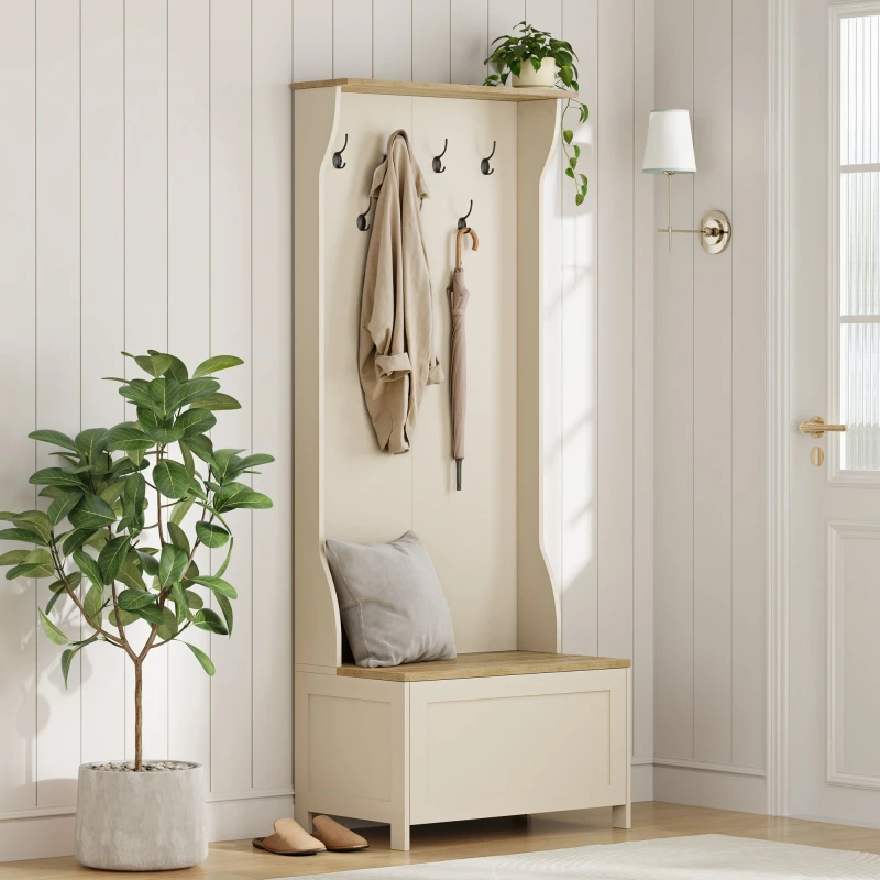 Image of Vonhaus Coat Stand With Shoe Storage, Cream Hallway Unit With 7 Double Hooks & Storage Bench, Hall Tree For Entryway, Ash Hall