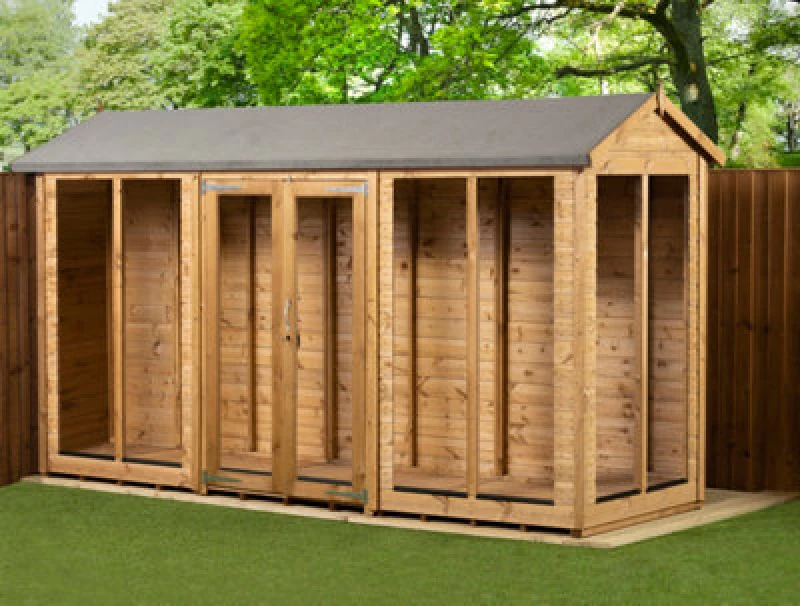 Image of Empire Sheds Empire Apex Summerhouse 4X12 Dipped Treated Tongue And Groove Wooden Garden Shed Double Door (4' X 12' / 4ft X 12ft) (4X12)