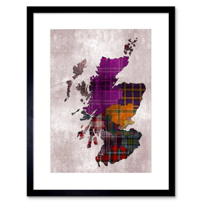 Image of Artery8 Painting Map Outline Scotland Tartan Inset Regions Framed Wall Art Print