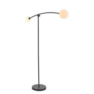 Image of Matt Black Standing Twin Floor Lamp Light - Gloss Opal Glass Shades - Adjustable