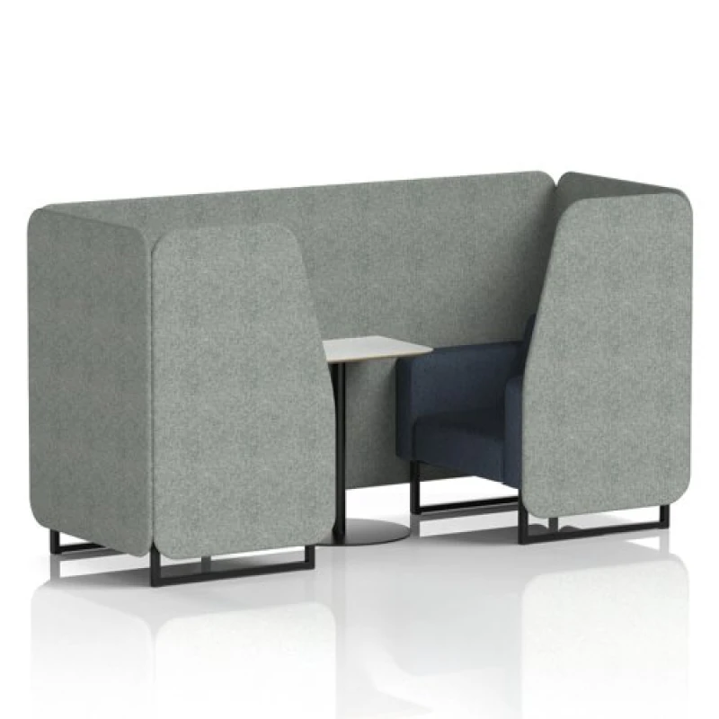 Image of Brixworth 2 Seater Office Booth with Front Panel - Black Legs and White Table with Black Leg in Rivet Fabric - Prime Panels and Crucible Sofa