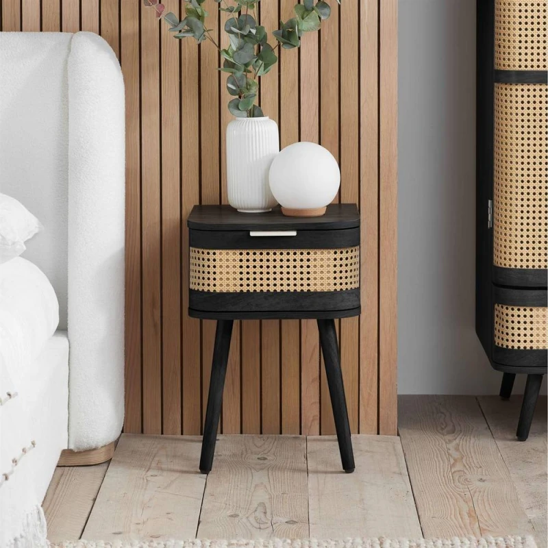 Image of Birlea Noah Rattan and Black 1 Drawer Bedside Table