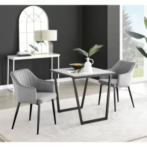 Image of Furniturebox Carson White Marble Effect Square Dining Table & 2 Grey Calla Black Leg Velvet Chairs