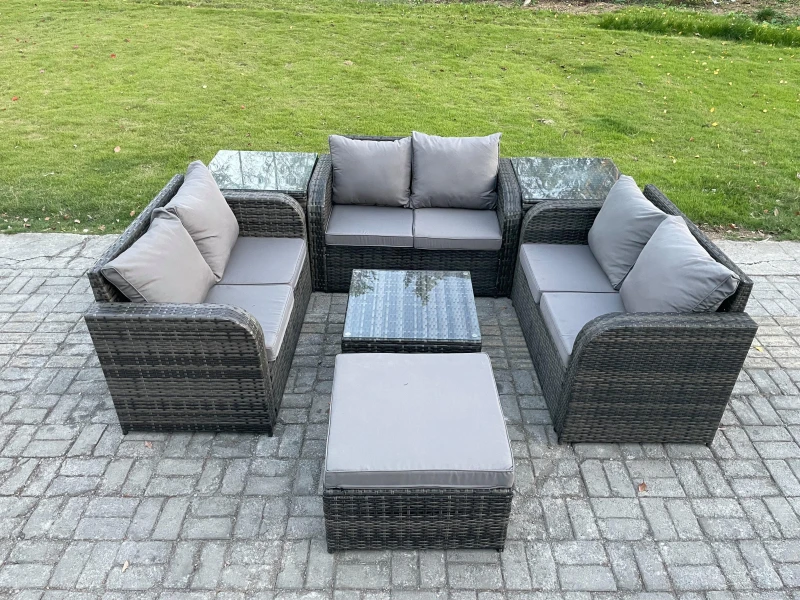 Image of Fimous Outdoor Garden Furniture Sets 7 Seater Wicker Rattan Furniture Sofa Sets with Square Coffee Table Love seat Sofa Big Footstool Dark Grey unisex