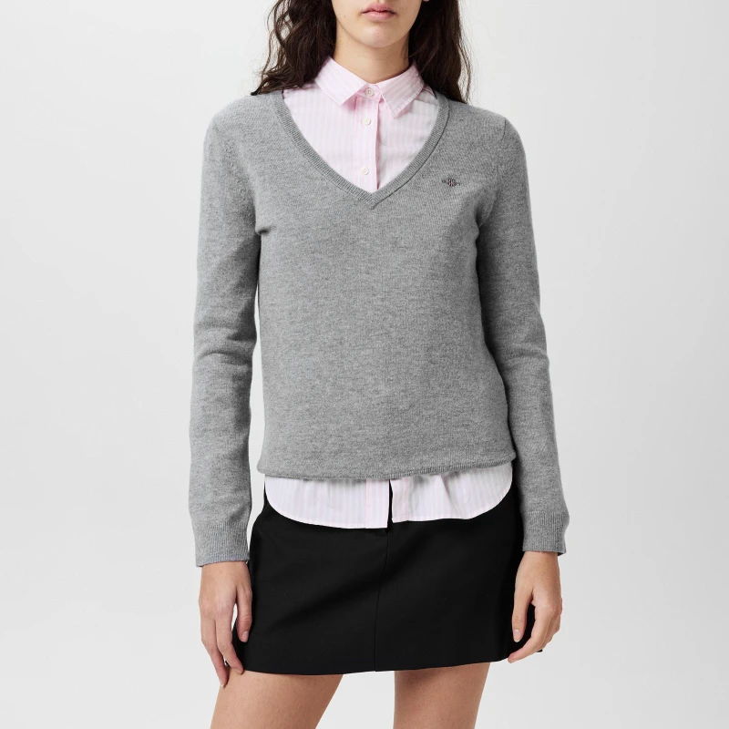 Image of Gant EXTRAFINE LAMBSWOOL V-NECK CREAM S - Grey Grey 8