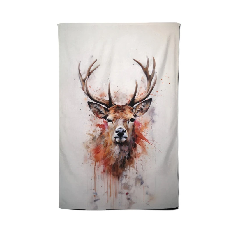 Image of Warren Reed - Designer Watercolour Splashart Stag Face Tea Towel in Brown Brown Unisex