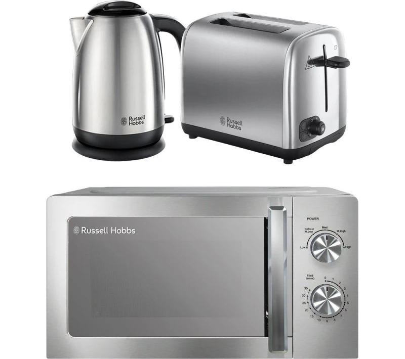 Image of Russell Hobbs Classics Solo Microwave, Jug Kettle & 2-Slice Toaster Bundle - Brushed Stainless Steel 5056233840581