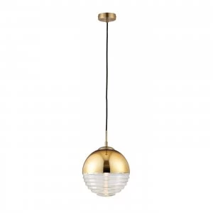 Image of 1 Light Globe Ceiling Pendant Clear Ribbed Glass, Gold Effect, E14