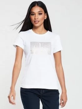Image of Calvin Klein Jeans Distressed Monogram Short Sleeve T-Shirt - Multi, White/Gold Size M Women