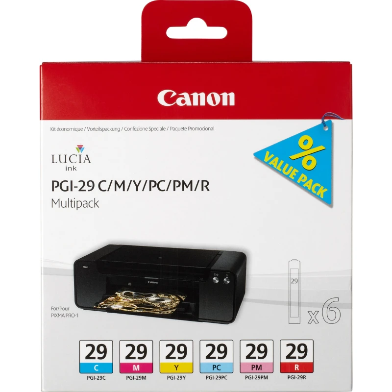 Image of Canon PGI29 Cyan Magenta Yellow Photo Cyan Photo Magenta Red Standard Capacity Ink Cartridge 6 x 9ml Multipack - 4873B005 CAPGI29CLRMULTI