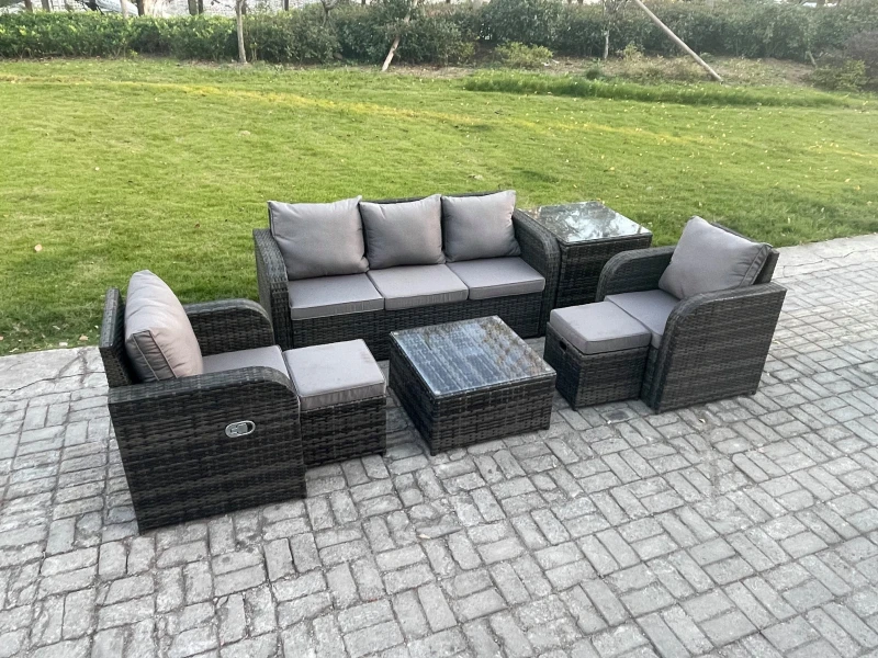 Image of Fimous Garden Furniture Sets 7 Seater Wicker Rattan Furniture Patio Sofa Sets with Reclining Chair 3 Seater Sofa Side Table Dark Grey