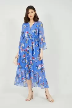 Image of Floral Butterfly Wrap High Low Dress in Blue