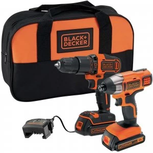 Image of Black and Decker BCK25S2S 18v Cordless Combi Drill and Impact Driver Kit 2 x 1.5ah Li-ion Charger Bag