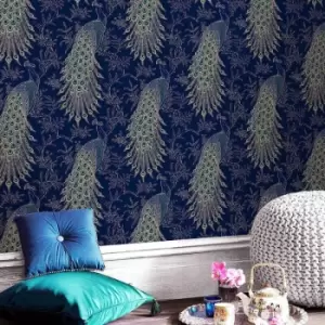 Image of Rasch Wallpaper Peacock Navy 282992 Blue Wall Paper 282992 - Blue