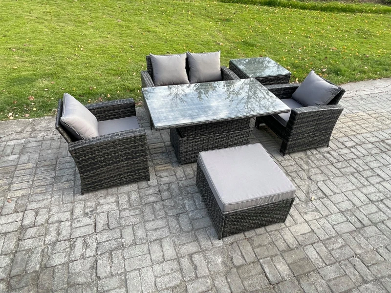 Image of Fimous Outdoor Garden Dining Sets 5 Seater Rattan Patio Furniture Sofa Set with Rising Lifting Table Side Table in Dark Grey Dark Grey Unisex