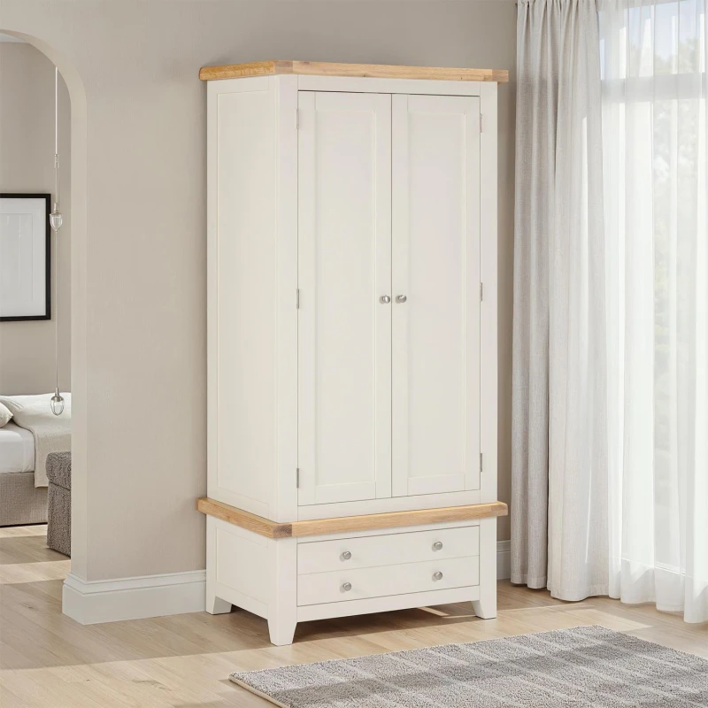 Image of Seconique Windsor 2 Door 1 Drawer Wardrobe Ivory With Oak Trim Part Assembled