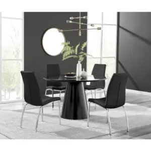 Image of Furniturebox Palma Black Semi Gloss 120cm Round Minimalist Dining Table & 4 Black Isco Chairs
