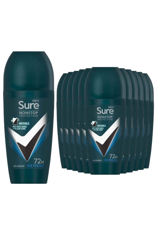 Image of Sure Men 'Antiperspirant Roll On' 72H Nonstop Protection Ice Fresh, 12x50ml White male