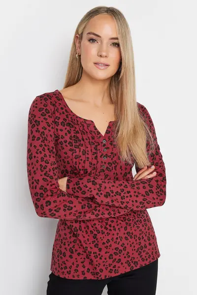 Image of Long Tall Sally Tall Printed Long Sleeve Henley Top Red