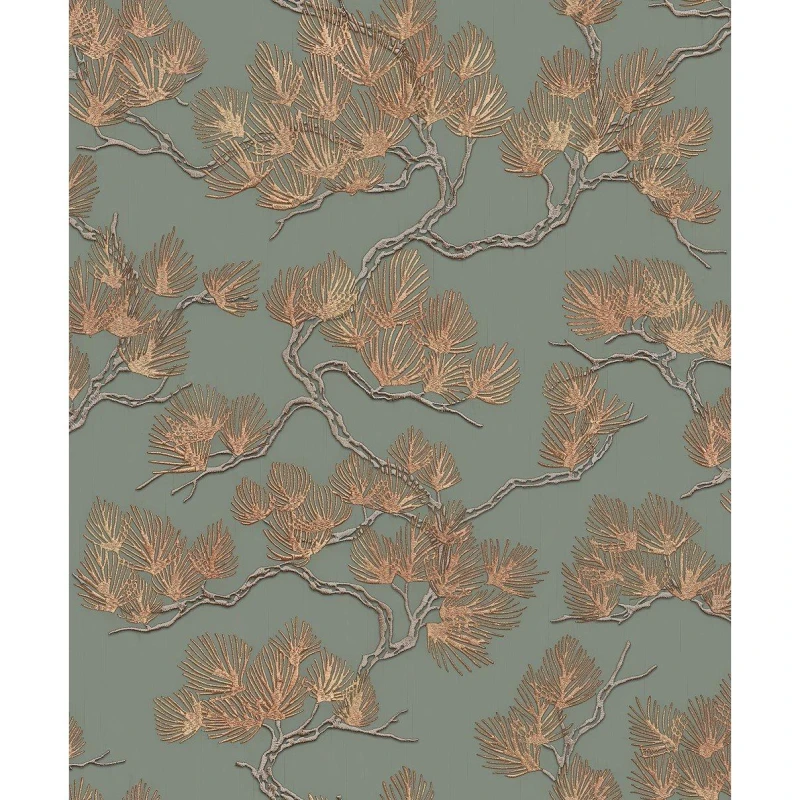 Image of DUTCH WALLCOVERINGS Sage Copper Pine Tree Wallpaper Textured Embossed Metallic Paste The Wall Vinyl 8809660036570