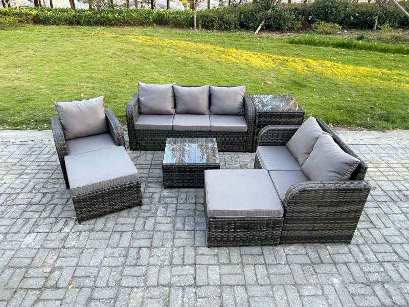 Image of Fimous Indoor Outdoor Rattan Garden Furniture 8 Seater Set Table Sofa Chair Patio Conservatory with Grey Cushions 2 Big Footstool Dark Grey