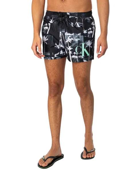 Image of Calvin Klein Short Drawstring Print Swim Shorts Palm Black M