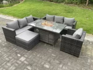 Image of Fimous 7 Seater Outdoor Dark Grey Rattan Lounge Complete Sofa Set with Gas Fire Pit Table, Gas Heater, and Big Footstool
