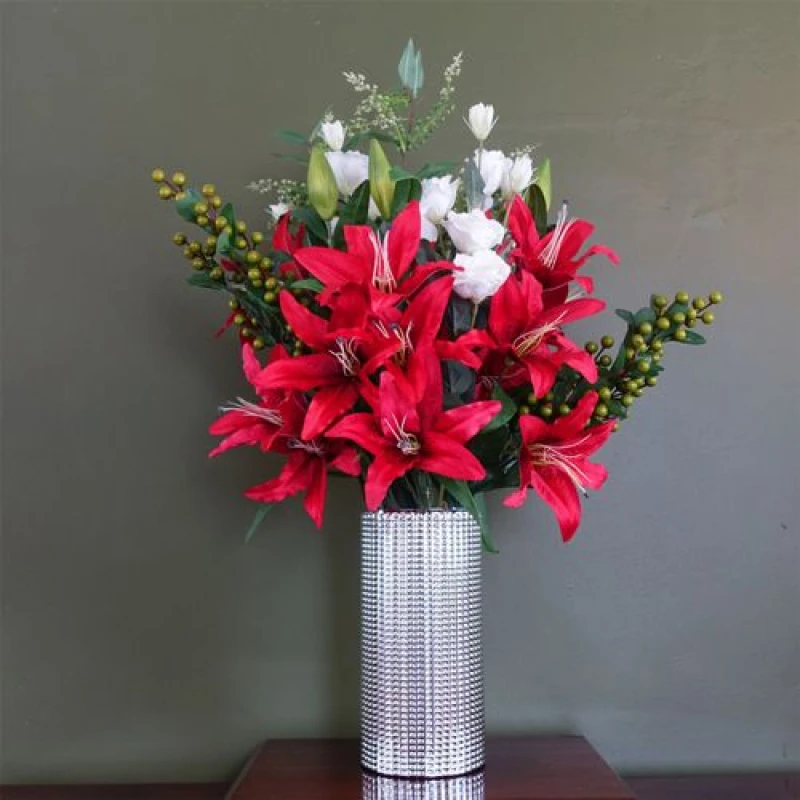 Image of Leaf Leaf 80cm Artificial Red Lily Arrangement Silver Glass Vase Red