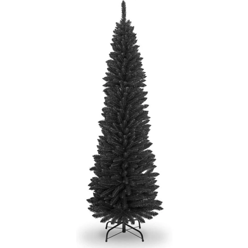 Image of Shatchi 8FT Artificial Flocked Slim Christmas Pencil Tree Holiday Home Decorations with Pointed Tips and Metal Stand, Black Black