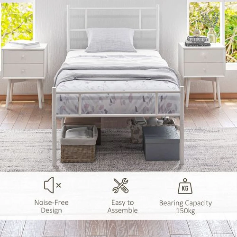 Image of HOMCOM Single Metal Bed Frame W/ Headboard And Footboard, Underbed Storage Space, White 831-411V00WT