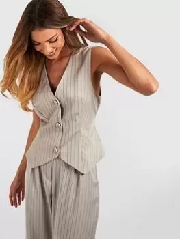 Image of Boohoo Pinstripe Tailored Waistcoat - Taupe, Beige, Size 10, Women