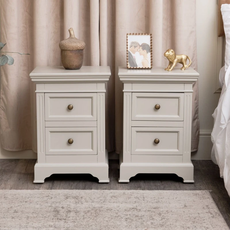 Image of Melody Maison Pair Of Taupe-Grey Two Drawer Bedside Tables - Daventry Taupe-Grey Range Taupe