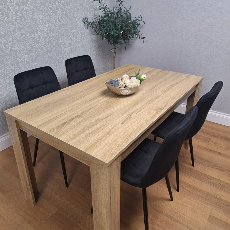 Image of KOSY KOALA Dining Table and 4 Chairs Oak Effect Wood 4 Black Velvet Chairs Dining Room Oak table 117 + 4 Black rocco