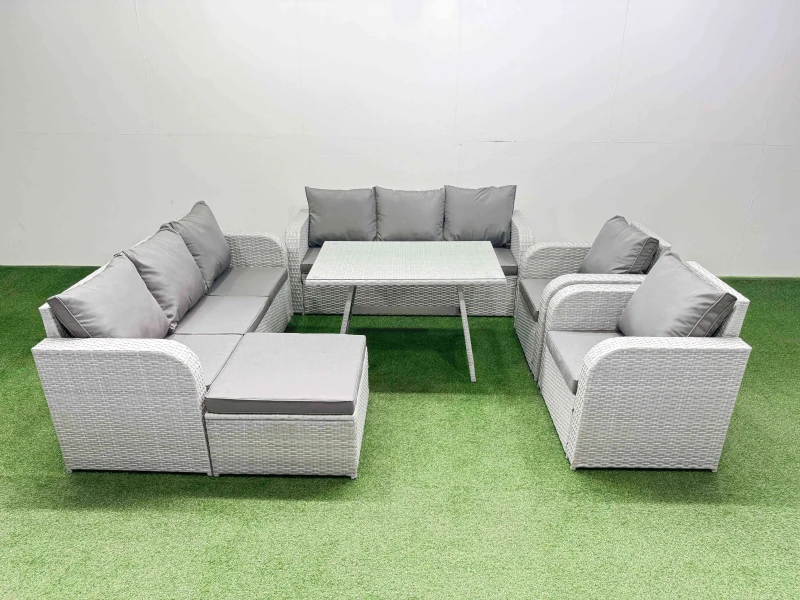 Image of Fimous Rattan High Back Lounge Sofa Set with Reclining Chairs Big Stool in Light Grey Light Grey Unisex
