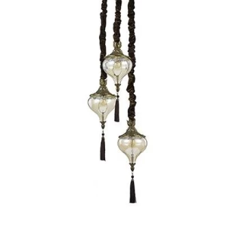Image of Harem 3 Light Ceiling Pendant Antique Brass, Amber, Glass, E27