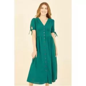 Image of Yumi Green Midi Shirt Dress With Tie Sleeves - Green