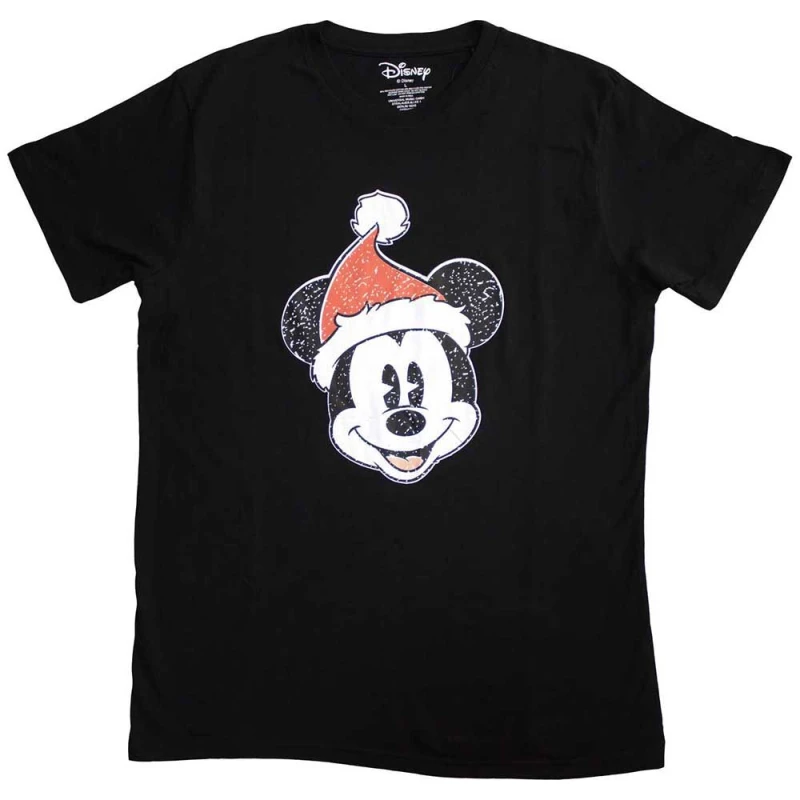 Image of Disney Mickey Mouse Santa Hat T Shirt Black unisex