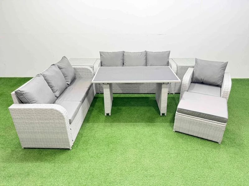 Image of Fimous 8-seater Patio Rectangular Table Sofa Set with 2 Side Tables Big Stool in Light Grey Light Grey Unisex