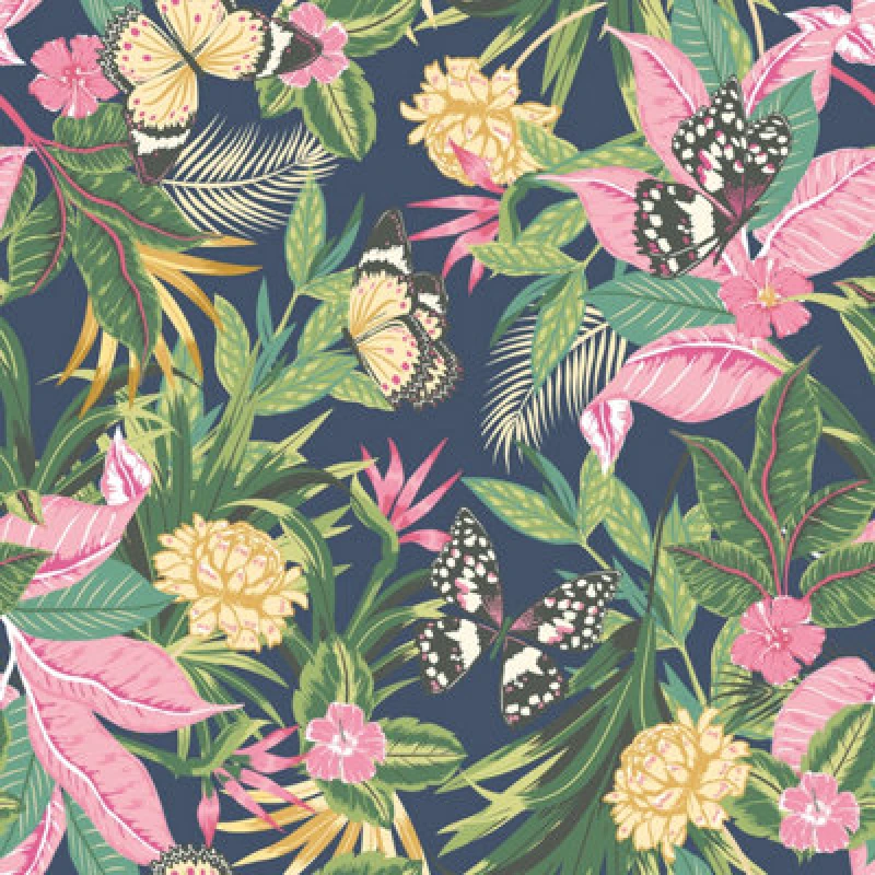Image of Hoopla Walls Paradise Indigo & Pink Smooth Matt Wallpaper